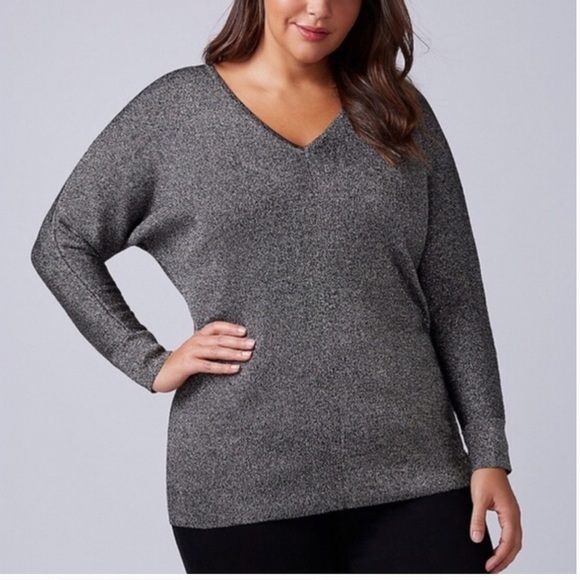 Lane Bryant V-Neck Sweater Black & Silver Metallic Size 14 16 - Picture 1 of 13